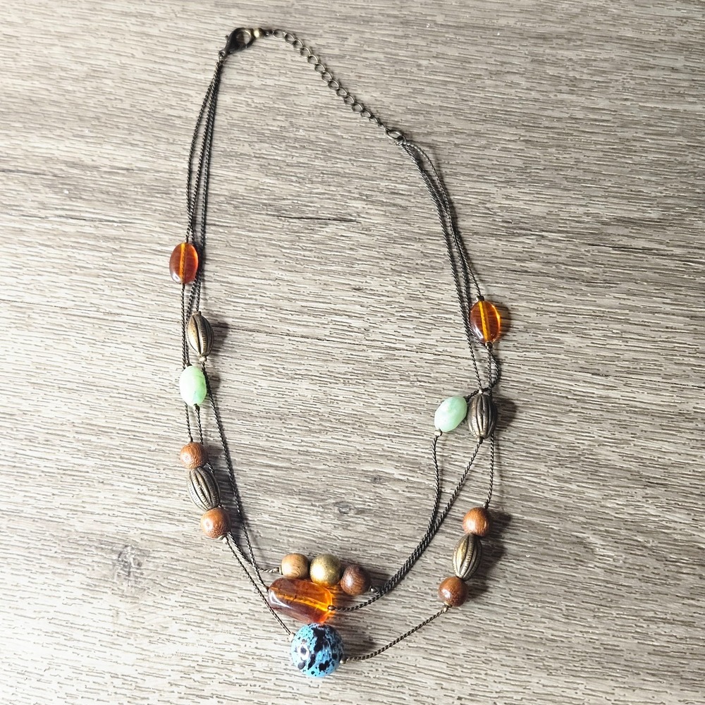 Earthy boho Layered 3 Strand Necklace acrylic gunmetal wood